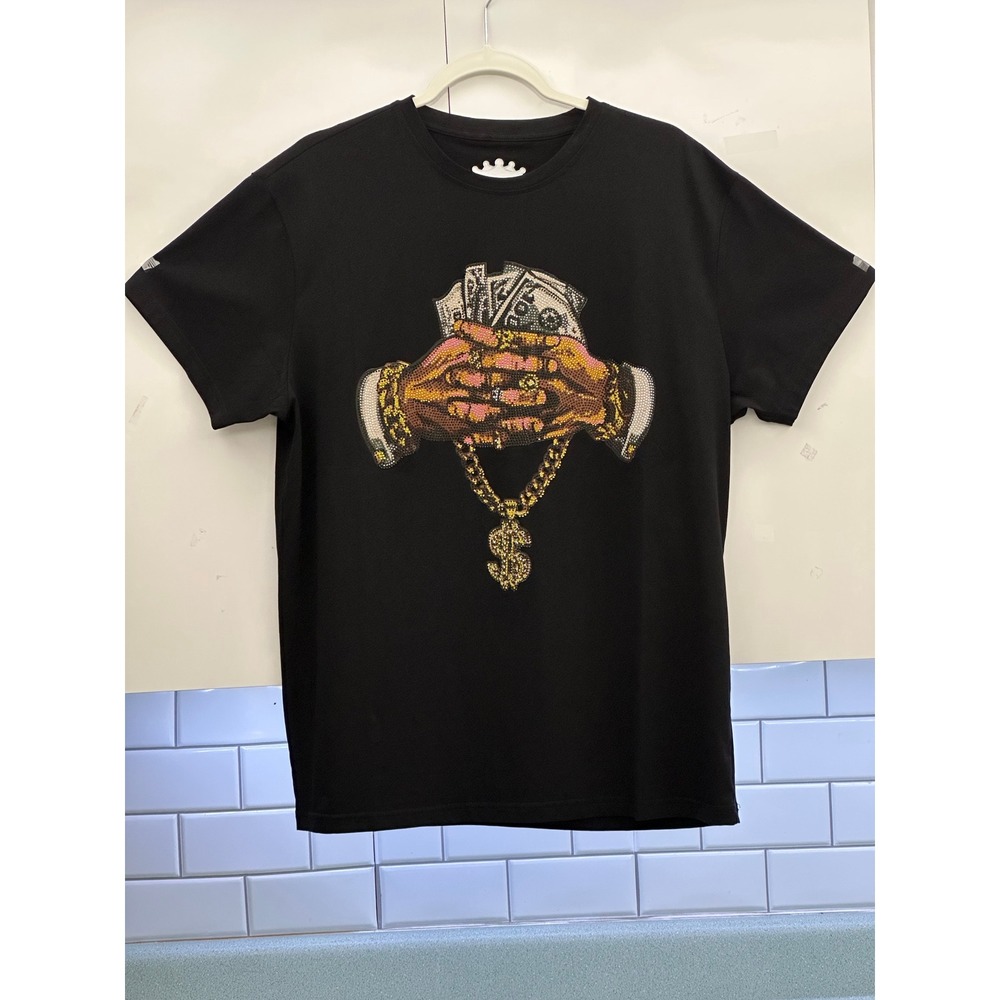 Mens XL Black Bling Graphic T-Shirt Money Chain Streetwear Hip-Hop
